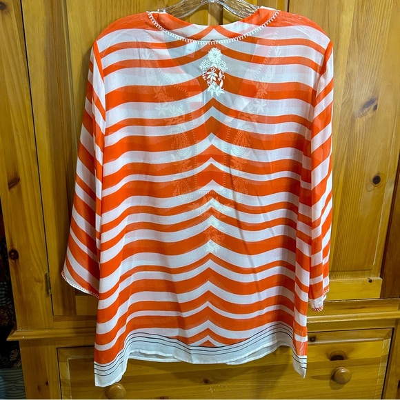 Chico’s large (2), orange/peachy, white embroidery, and black stripes at edge - Picture 3 of 7